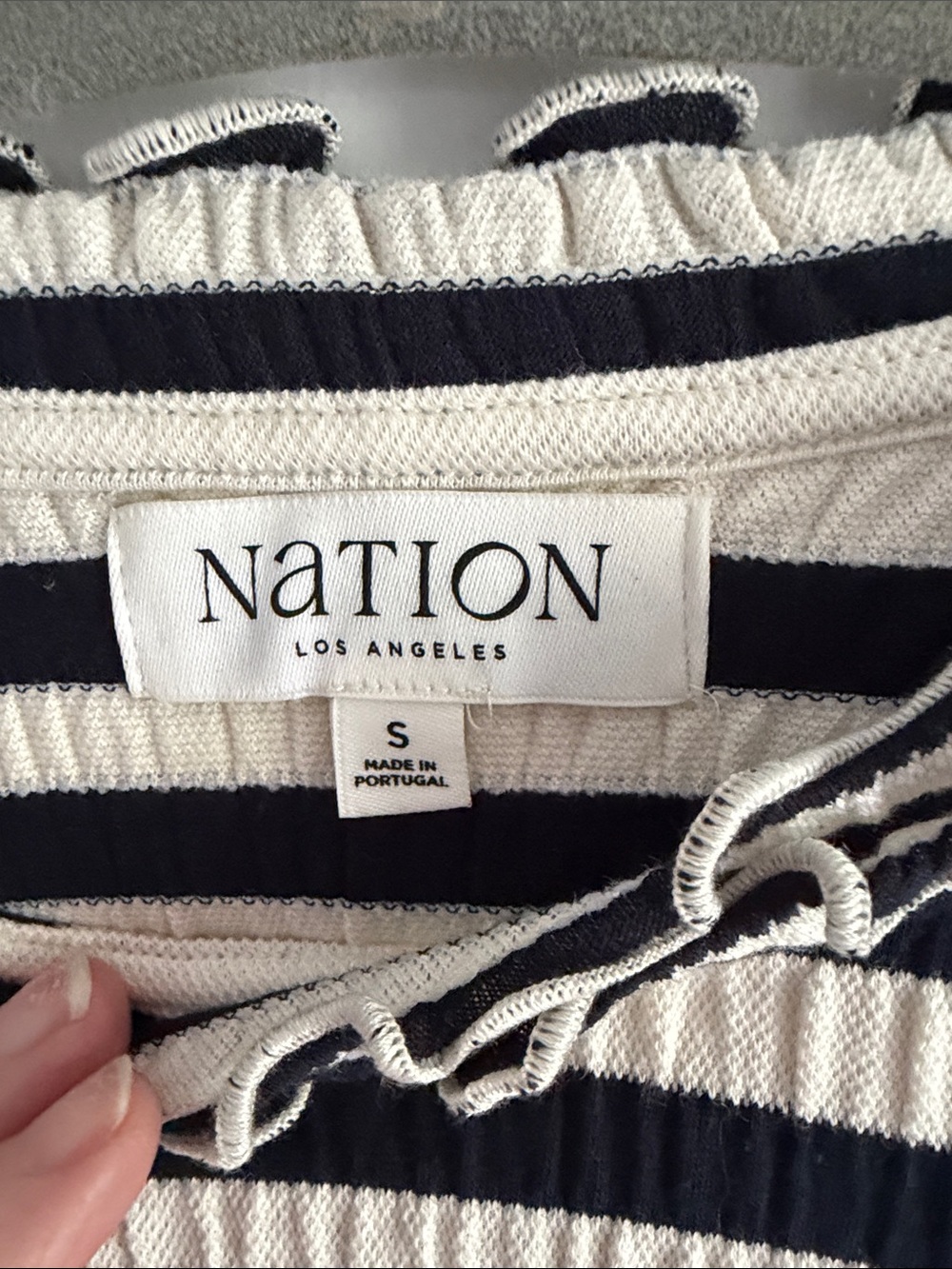 Anthro Nation Los Angeles navy & Cream Striped Ruffle-Trim Short Sleeve Tee - Picture 2 of 5